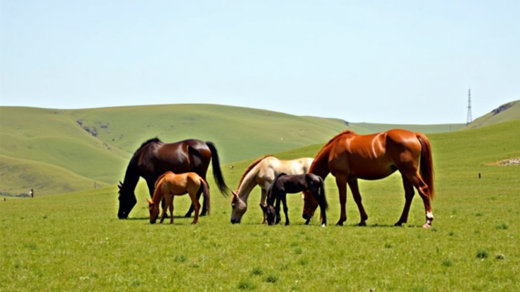 A serene pasture with a group of horses of varying ages grazing under a clear sky.