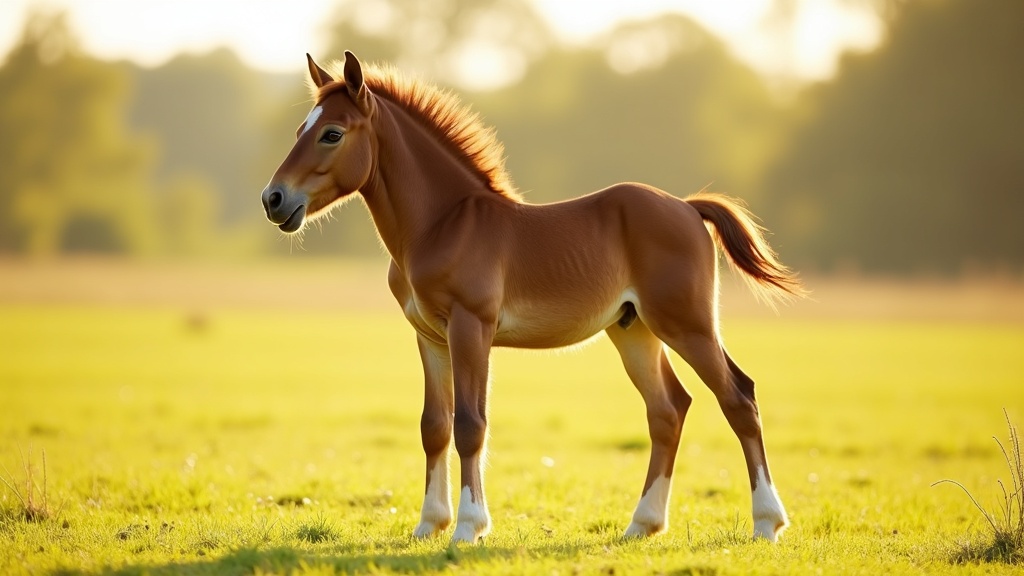 A young colt standing in a sunlit pasture, calmly observing its surroundings.