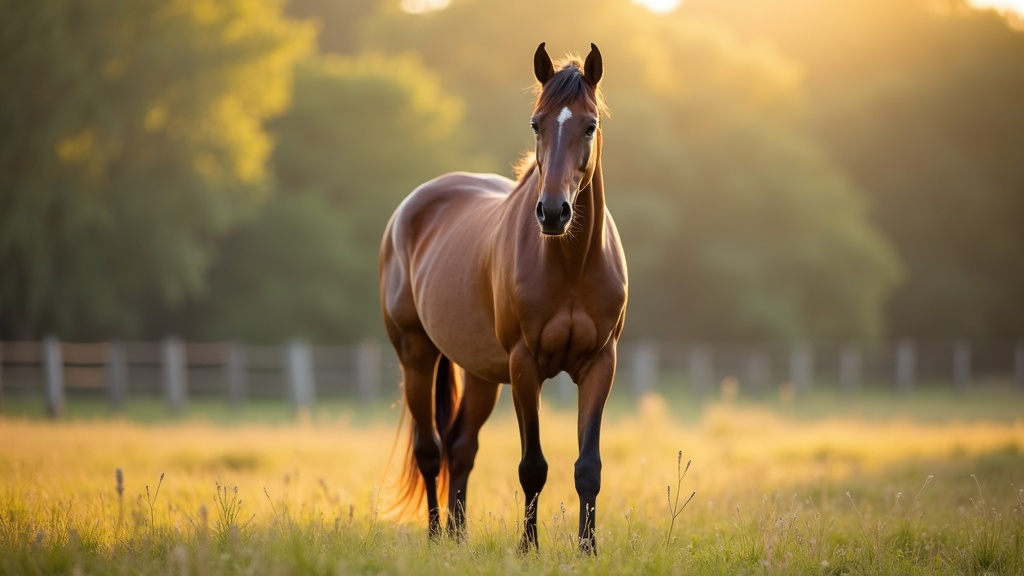 Calm horse in a paddock, ears attentive and soft sunlight